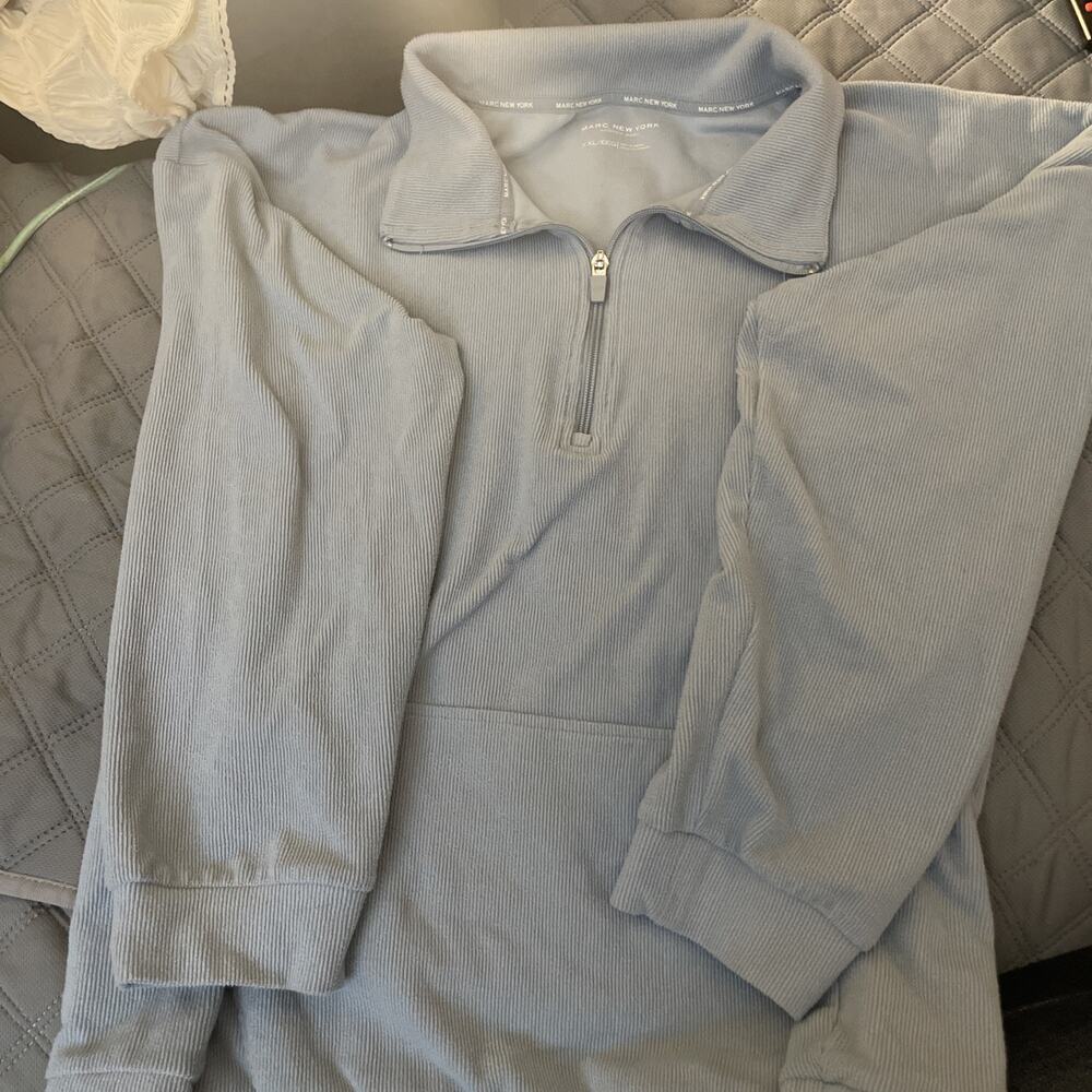 Marc New York Ribbed 1/4 Zip Pullover Size XXL Lt Blue Kangaroo Pocket. EUC